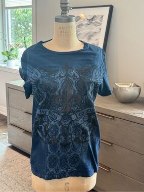 Helix Navy Blue Tee with Cream Decorative Print